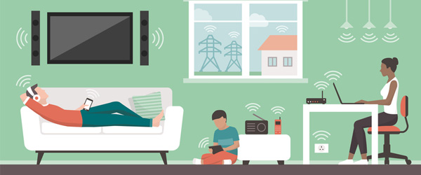 illustration of family at home with router and other electrical devices