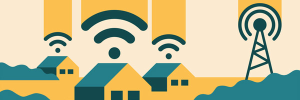 illustration of houses with a wifi signal over the top and a mast