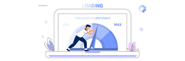 a whimsical illustration of a character pushing a speed bar on a screen with the word 'loading' showing.