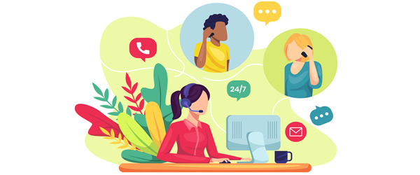 illustration of customer service assistant on telephone in front of computer