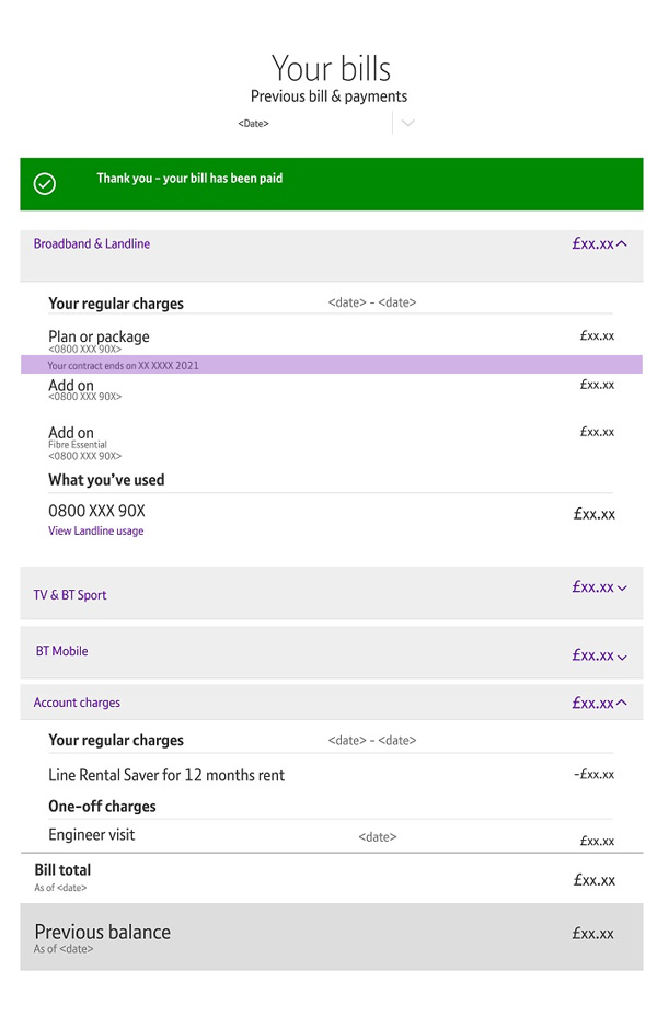 Example of BT Broadband online bill showing how to find contract end date