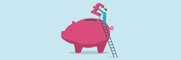illustration of person up a ladder adding a £ to a piggy bank