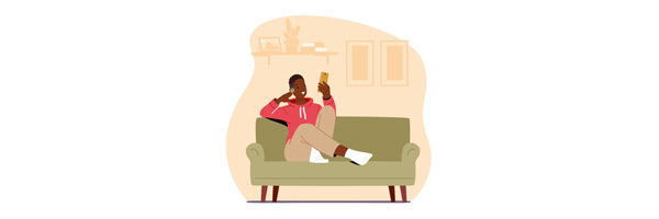 colourful and fun illustration of man relaxing on a green sofa wearing a hoodie using an earpiece and holding up a mobile phone
