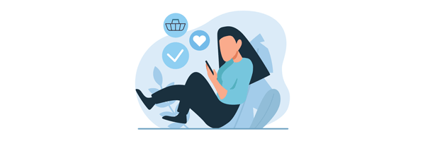 whimsical, blue illustration of a girl with long hair lounging on her mobile phone. Icons floating in the foreground include a heart, shopping cart and tick.